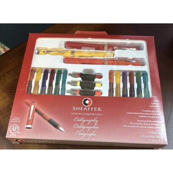 New Sheaffer Classic Maxi Kit Calligraphy Set 3 Nibs Pens 20 Ink Cartridges Pad - Picture 1 of 8